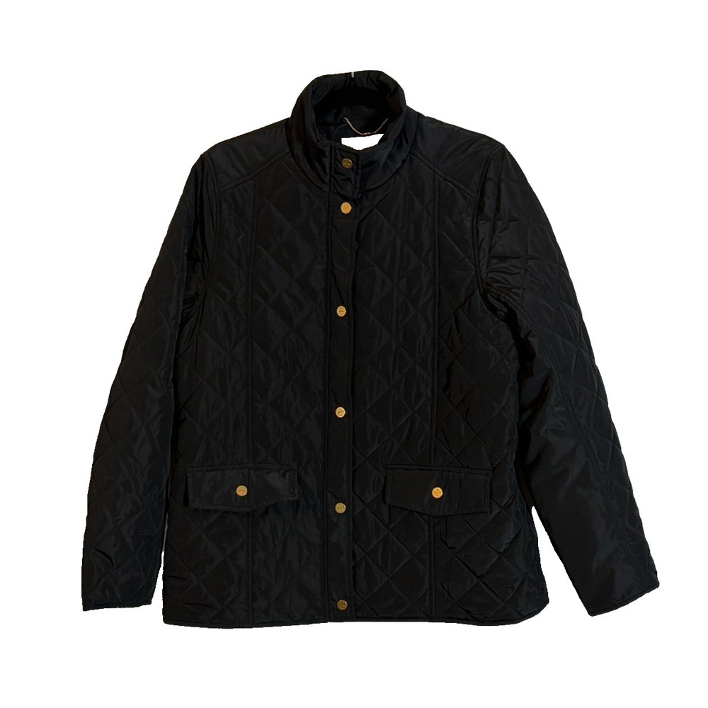Tory Burch Women's XL Black Quilted Jacket Gold Logo Buttons Coat EUC